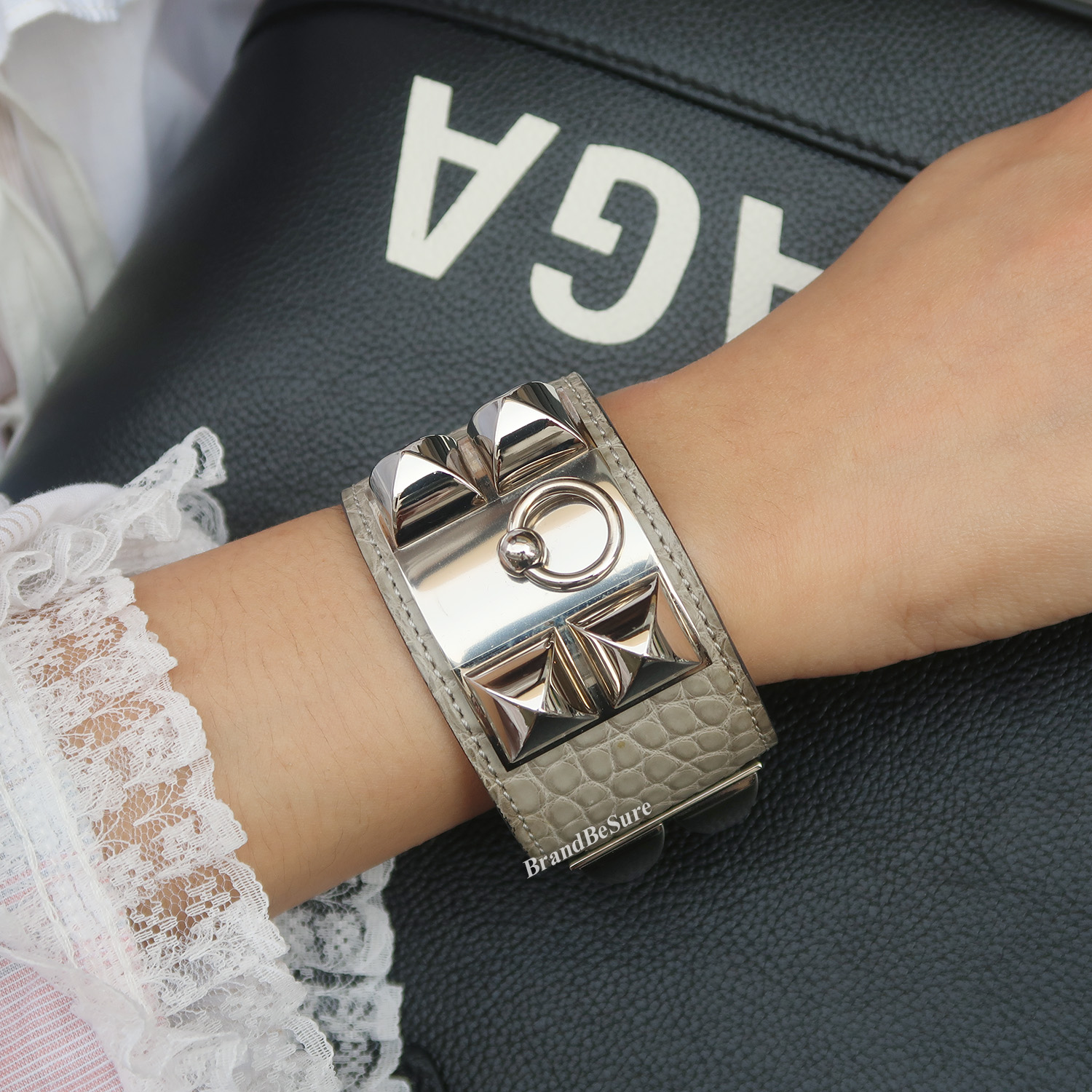 Hermes Gris Perle Alligator Collier De Chien CDC Bracelet PHW Size S