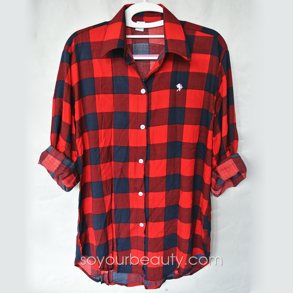 เสื้อเชิ้ตไซส์ใหญ่ลายสก๊อตผู้หญิงสีกรมแดง