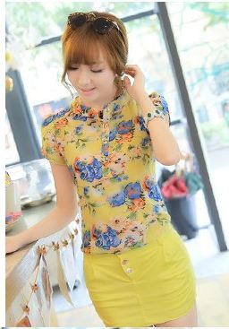 เสื้อเชิ้ตผู้หญิง ลายดอกไม้ แขนสั้น พอดีไหล่ ดีไซน์คอ คล้ายเข็มขัด เหมาะกับ ผู้หญิงตัวเล็กนะคะ เสื้อลายดอกไม้ สีเหลือง 360228_2