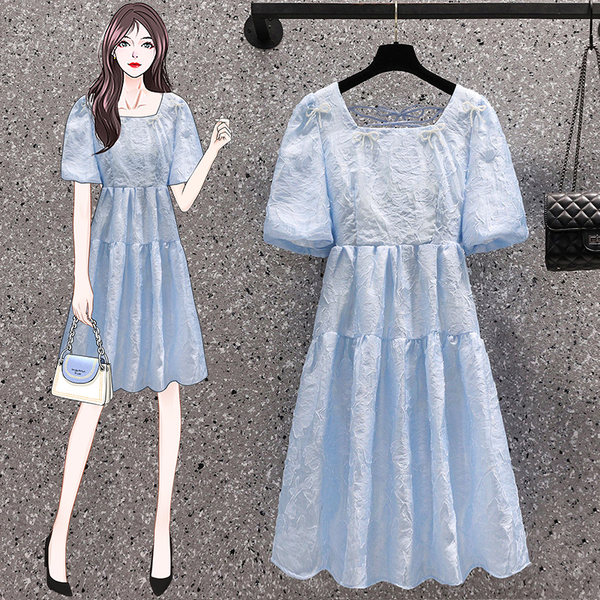 เดรสคนอ้วน เดรสสาวอวบ ชุดเดรสคนอ้วนวัยรุ่น เดรสชีฟองสีฟ้า BY PLUS SIZE Girl