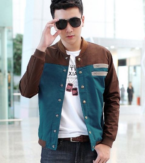 เสื้อ แจ็คเก็ต ผู้ชายแขนยาว สไตล์ วัยรุ่น ผ้า Cotton Jacket กระดุมหน้า ดีไซน์ สลับ 2 สี น้ำเงิน และ น้ำตาล แบบสวย มีดีไซน์ เท่ ๆ 97940