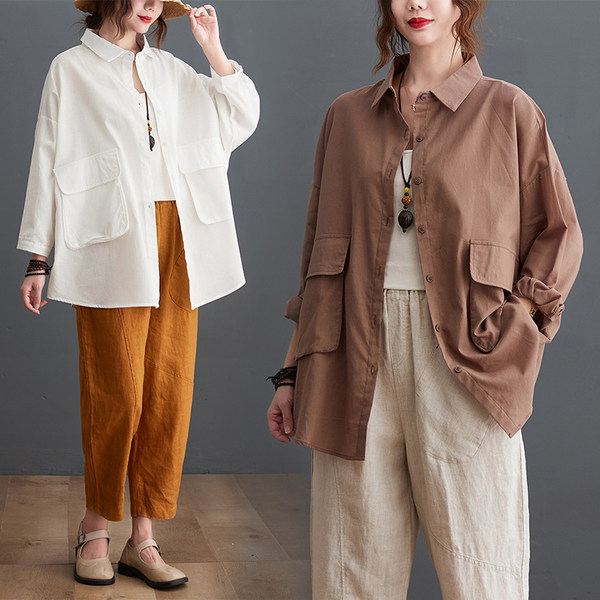 เสื้อทีเชิ้ตคนอ้วนผู้หญิงสไตล์คอตตอนลินินมีไซต์อก 47-48 นิ้ว