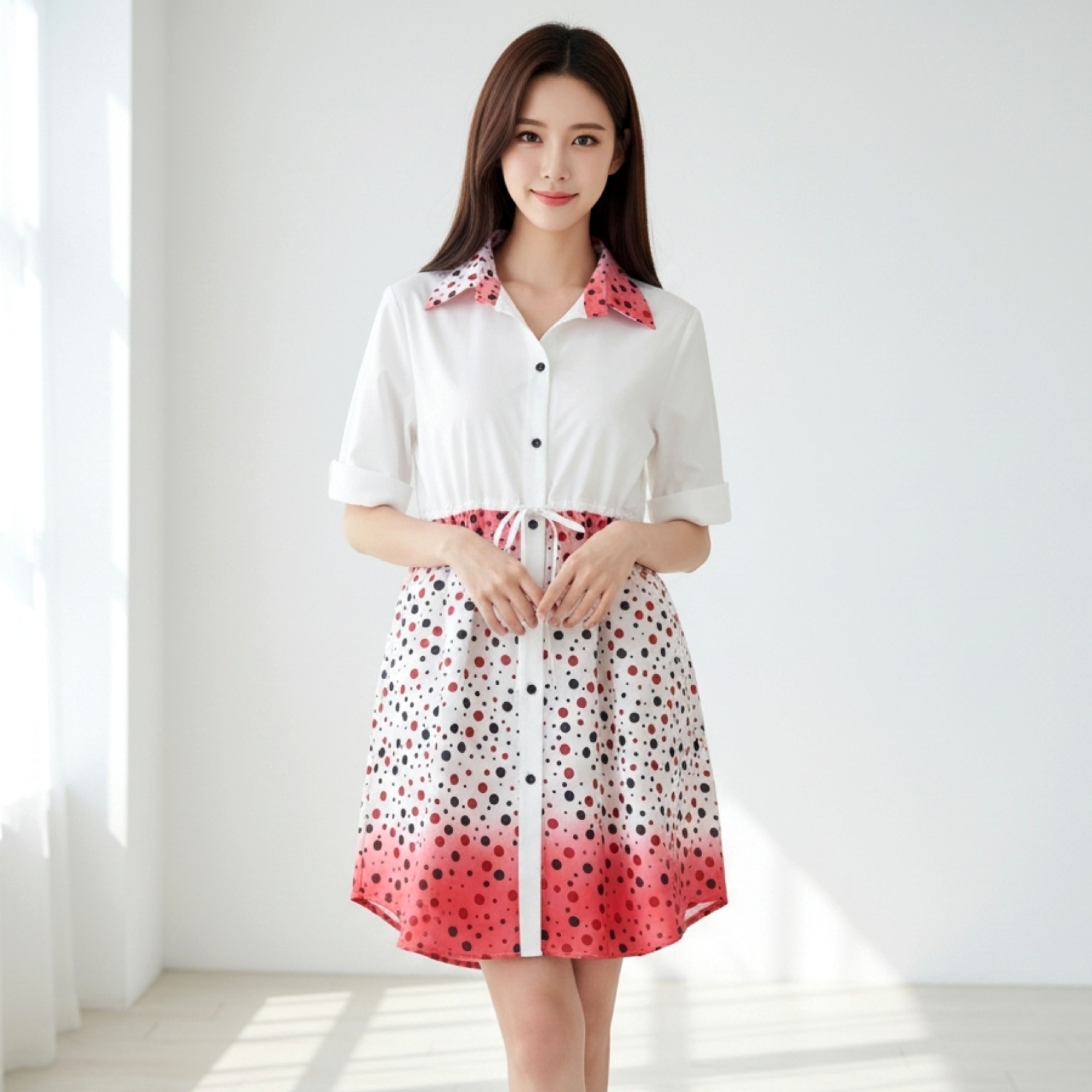Dress1993 เดรสเชิ้ตคอปกสีพื้นขาวต่อกระโปรงลายจุดโทนสีขาวแดง กระดุมหน้า แขนสามส่วน ผ้าคอตตอนเนื้อดีใส่สบาย