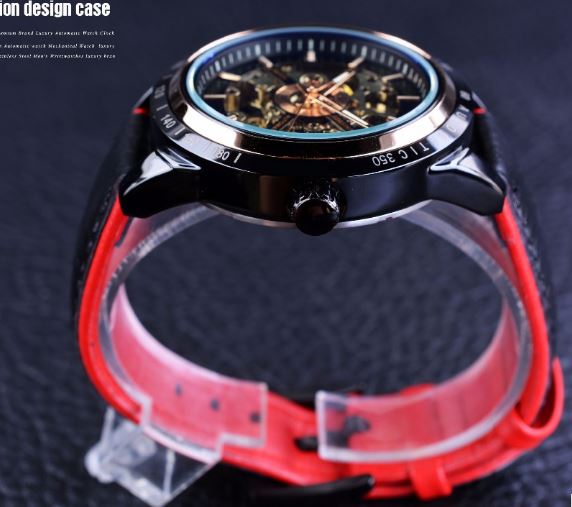 นาฬิกาข้อมือ โชว์กลไก Mechanical watch สายหนังสีดำ ตัดแดง นาฬิกาโชว์กลไก แบบสปอร์ต 101775