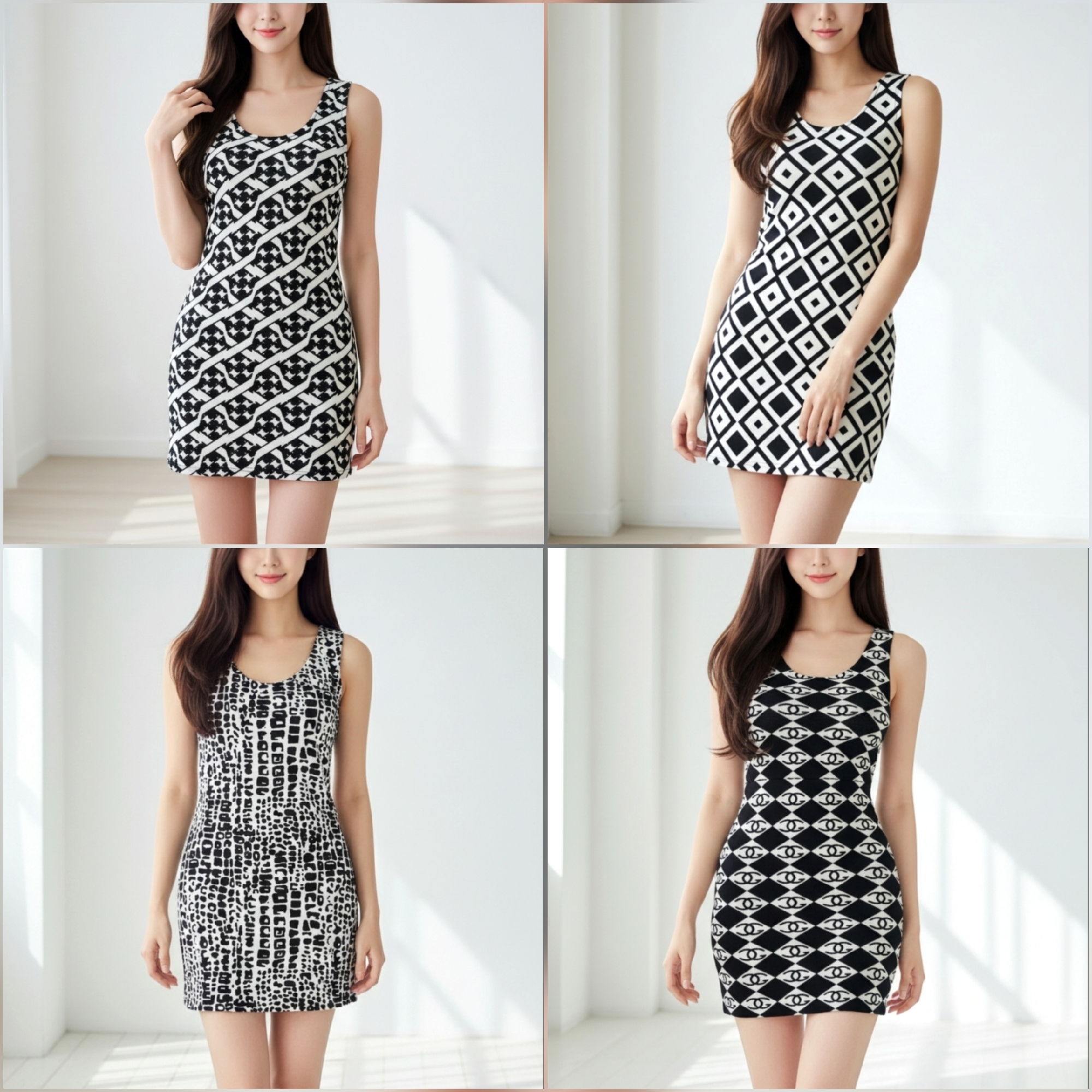 Dress2085 เดรสแฟชั่นเข้ารูปลายกราฟฟิคโทนสีขาวดำ ผ้านิตติ้งเนื้อดีหนาสวยยืดหยุ่นใส่สบาย