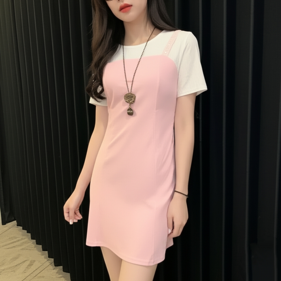 Dress4312 เดรสน่ารักทรงสวย ช่วงบนสีขาวตัดต่อเอี๊ยมกระโปรง ดีไซน์เหมือนใส่สองชิ้นแต่เป็นชุดติดกัน งานน่ารักแบบไม่ซ้ำใคร ใส่เก๋ๆ ได้บ่อย มี 2 สี เขียวมิ้นท์, ชมพู