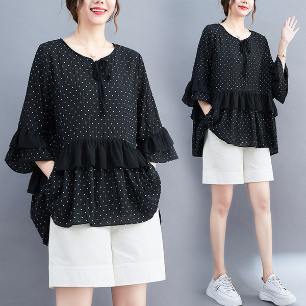 เสื้อทีเชิ้ตคนอ้วนผู้หญิงสไตล์คอตตอนลินินมีไซต์อก 47-48 นิ้ว