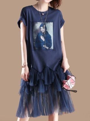 ชุดเดรส ผ้ายืด สีน้ำเงิน กรมท่า เดรสใส่เที่ยว ตัวหลวม ๆ กระโปรงยาว แต่ง ระบาย ด้านล่าง เก๋ ๆ 527865