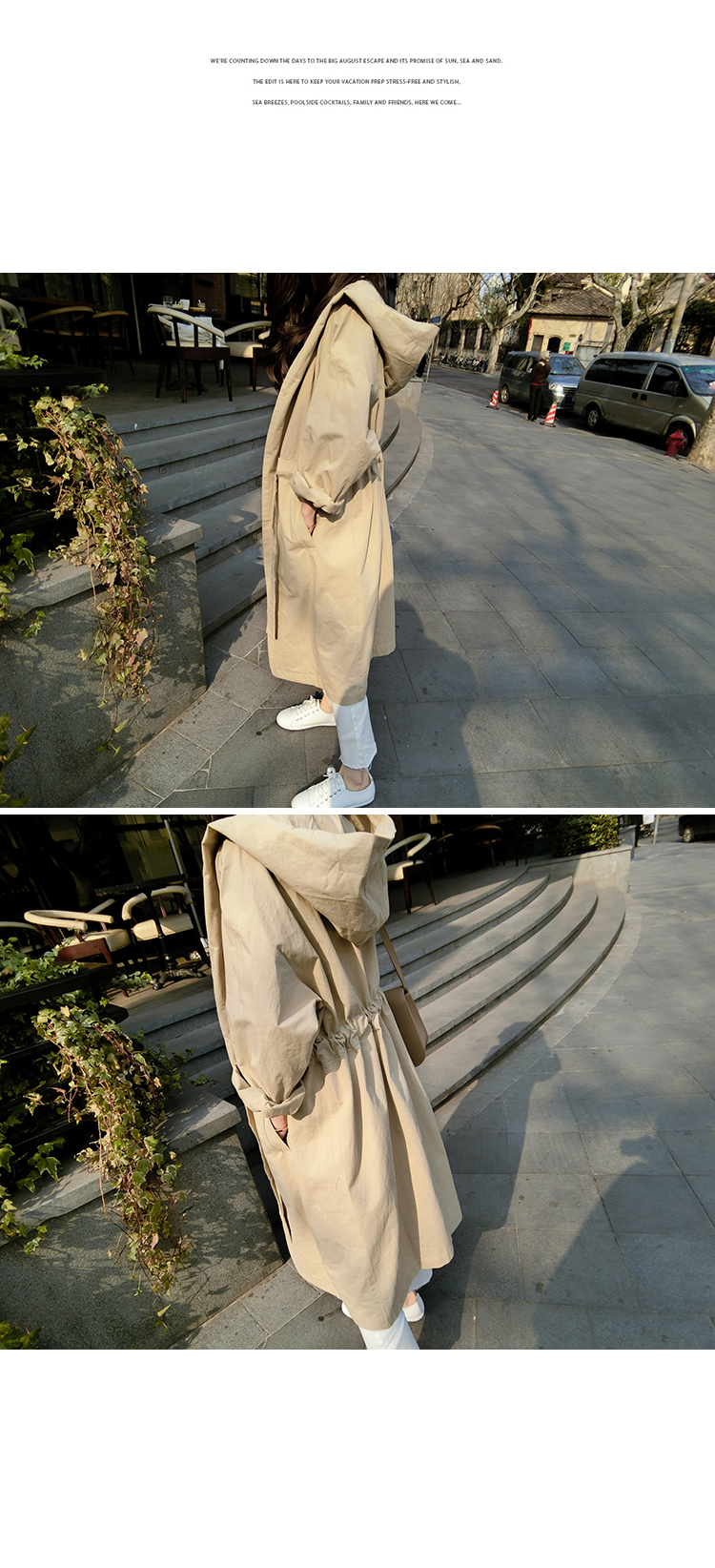 เสื้อคลุมตัวยาว มีฮูดพร้อมสายผูกเอว ทรงเก๋ ผ้าเนื้อด้าน บาง พร้อมส่ง ครีมโทนเขียว