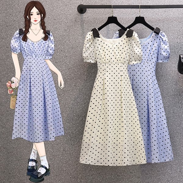 เดรสคนอ้วน เดรสสาวอวบ ชุดเดรสคนอ้วนวัยรุ่น สีฟ้า ขาว BY PLUS SIZE Girl