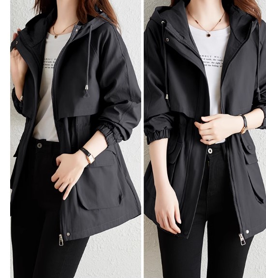 เสื้อ Jacket ผู้หญิง แบบเสื้อ โค้ท ตัวยาว ใส่กันลม ใส่เที่ยว แบบมีฮู้ด สไตล์ เกาหลี สีน้ำตาล สีดำ 201443