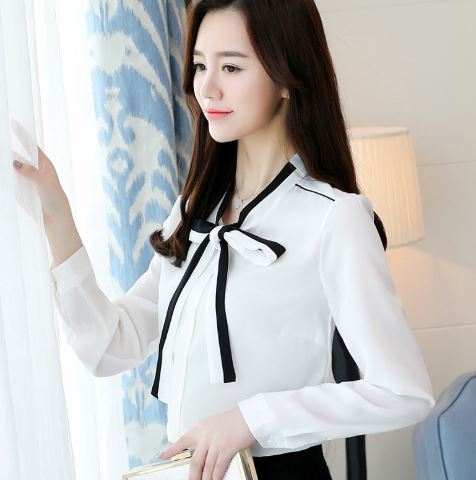 เสื้อเชิ้ตผู้หญิง เสื้อเชิ้ตแขนยาว ผ้าซีฟอง แขนพอง ตกแต่งด้วย โบว์ แบบหวาน ๆ สีฟ้า สีขาวครีม s235198