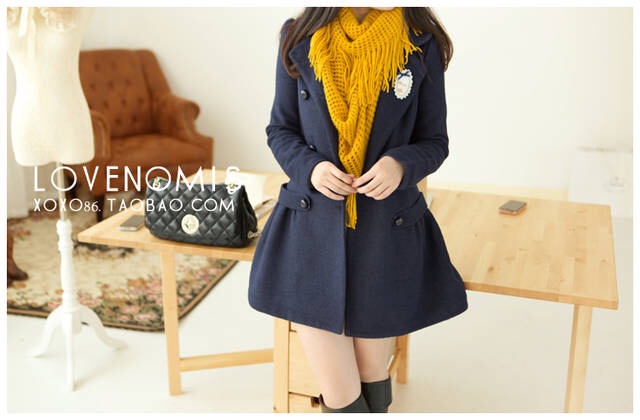 LADY COAT เสื้อโค้ทกันหนาว ยาว 25 นิ้ว ทรงหวานๆ สไตล์เกาหลี พร้อมส่ง ไม่รวมเช็มกลัด DARK BLUE