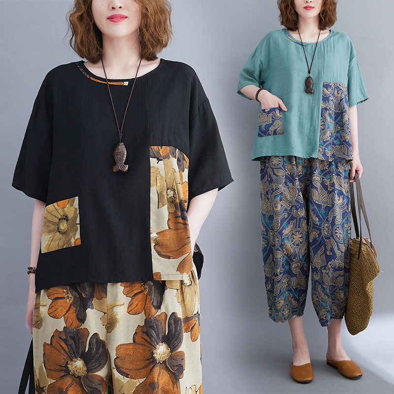 เสื้อทีเชิ้ตคนอ้วนผู้หญิงสไตล์คอตตอนลินินมีไซต์อก 47-48 นิ้ว