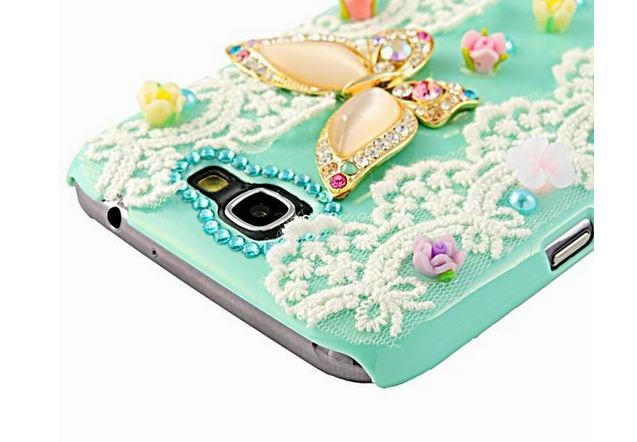 เคสโทรศัพท์ เคส Samsung Galaxy Note 2 N7100 เคส Diy งาน Hand made ติดคริสตัล ผีเสื้อ แสนสวย แต่งลูกไม้สีขาว หวาน ๆ 349444