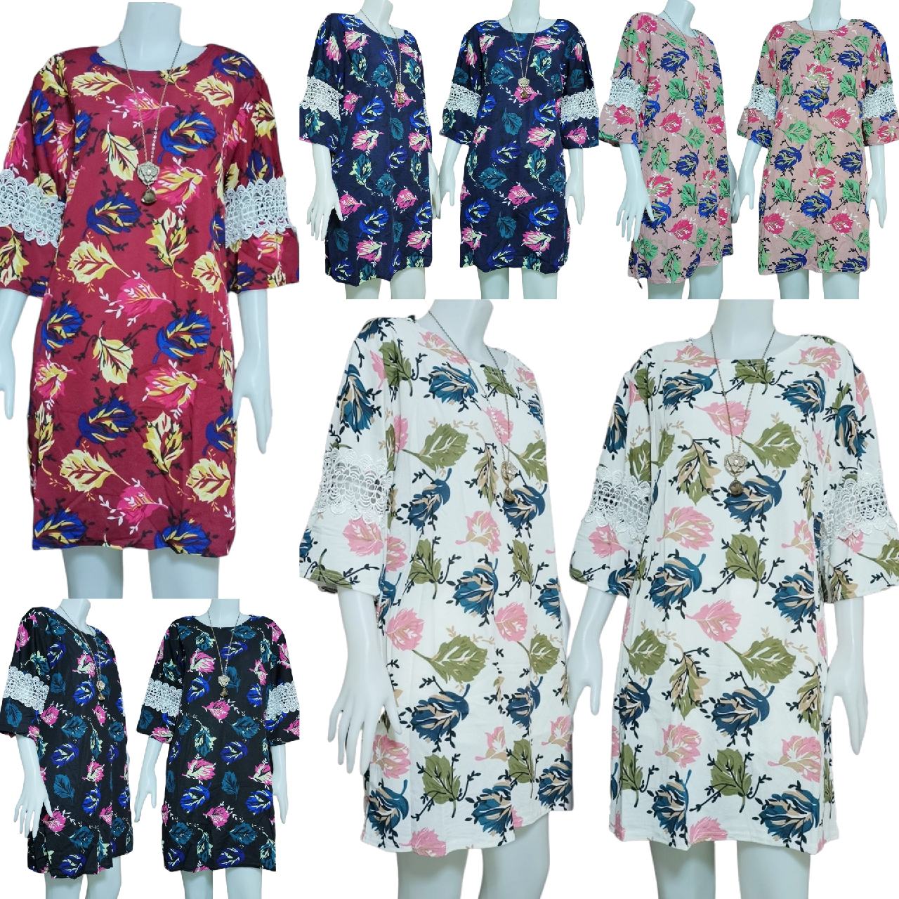 Dress4387 เดรสไซส์ใหญ่ทรงปล่อยลายดอกไม้ แขนสามส่วนระบายแต่งลูกไม้ ผ้าวูลเวฟ(ผ้าหนังไก่)เนื้อดีหนานิ่มมีน้ำหนักยืดขยายได้เยอะใส่สบายสุด งานดีทรงสวย ทรงนี้ใส่ได้เรื่อยๆ มี 5 สี แดง, ขาว, ชมพู, กรม, ดำ