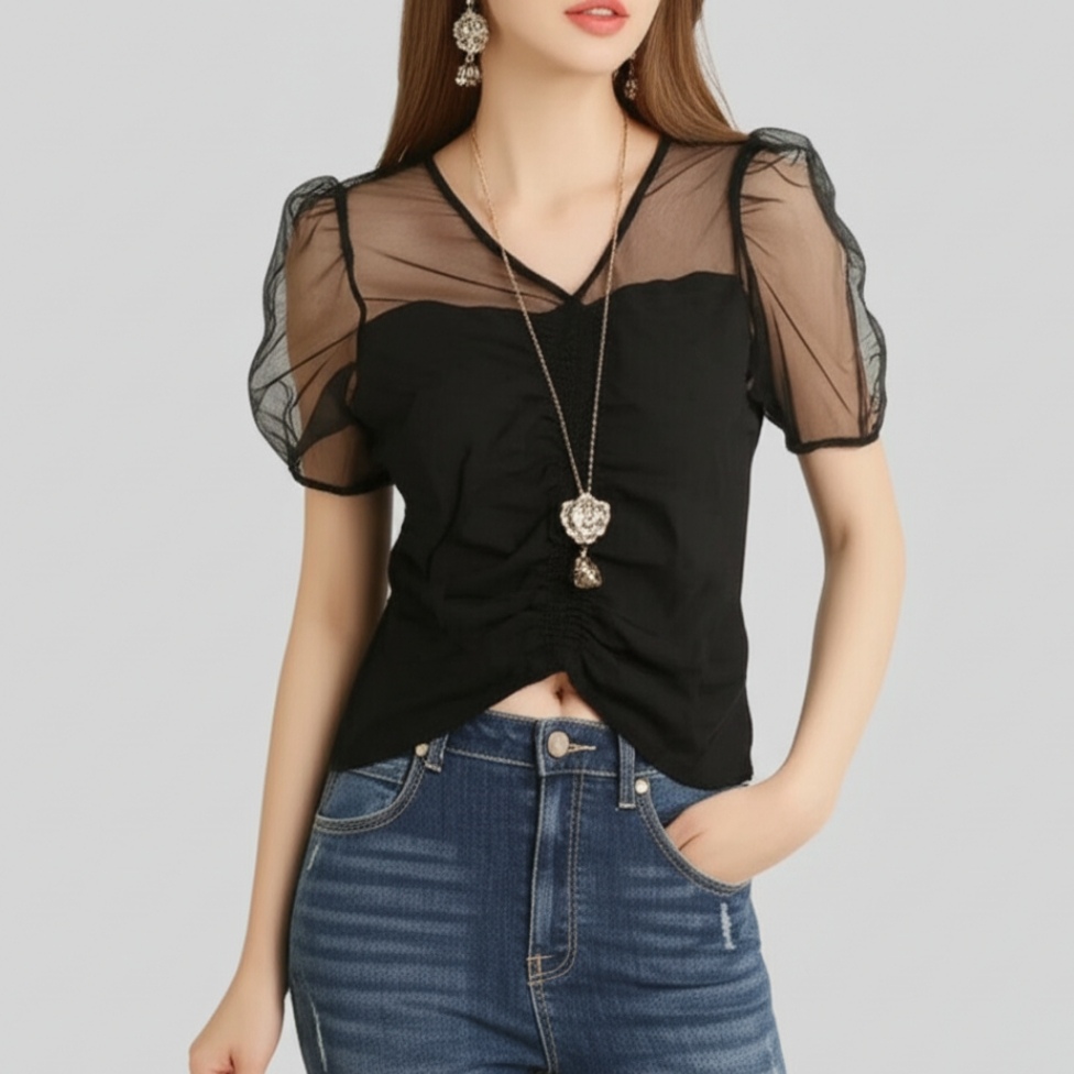 Blouse4008 เสื้อแฟชั่นแต่งสม็อคยางยืดด้านหน้า ช่วงบ่าซีทรู ผ้าไมโครเนื้อดีเรียบสวยไม่ยับง่าย งานน่ารัก แมทช์กับอะไรก็เข้า มี 2 สี ดำ, เหลือง