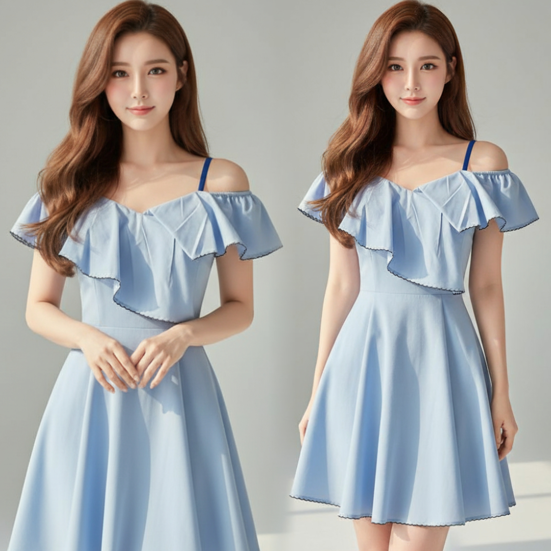 Dress4688 เดรสเปิดไหล่สายเดี่ยวแต่งระบายอกสีฟ้า ซิปหลังใส่ง่าย สายบ่าปรับความยาวได้ ผ้าไมโครเนื้อดีนุ่มใส่สบายมีน้ำหนักทิ้งตัว งานสวยใส่ง่ายน่ารักมาก