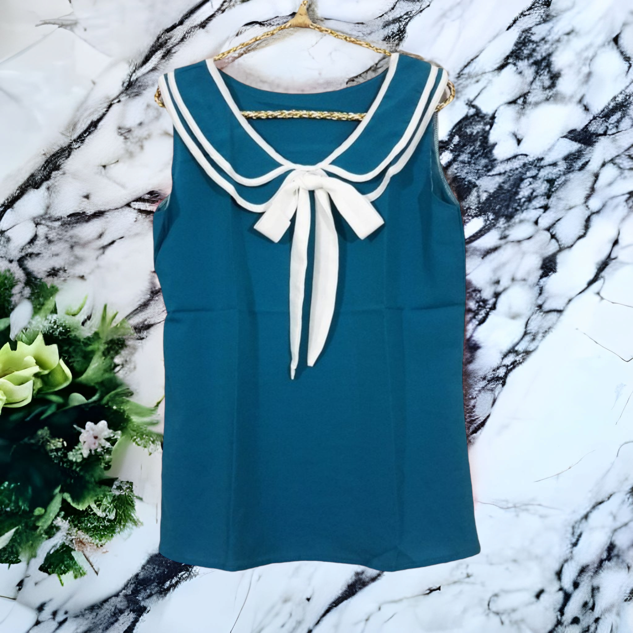 Blouse1737 เสื้อแฟชั่นน่ารัก คอบัวผูกโบว์ แขนกุด ผ้าชีฟองเนื้อดีเรียบสวย สีพื้นเขียวน้ำทะเล งานน่ารัก แมทช์กับกางเกงหรือกระโปรงได้หลายแบบ