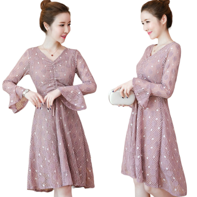 Dress4503 เดรสยาวลูกไม้ทรงสวย แขนยาวแต่งระบาย มีเชือกรูดกลางอกเก๋ๆ ดูมีดีเทล ผ้าลูกไม้เนื้อดีหนาสวยเกรดพรีเมียม งานดีผ้าสวยเหมือนราคาหลักพัน