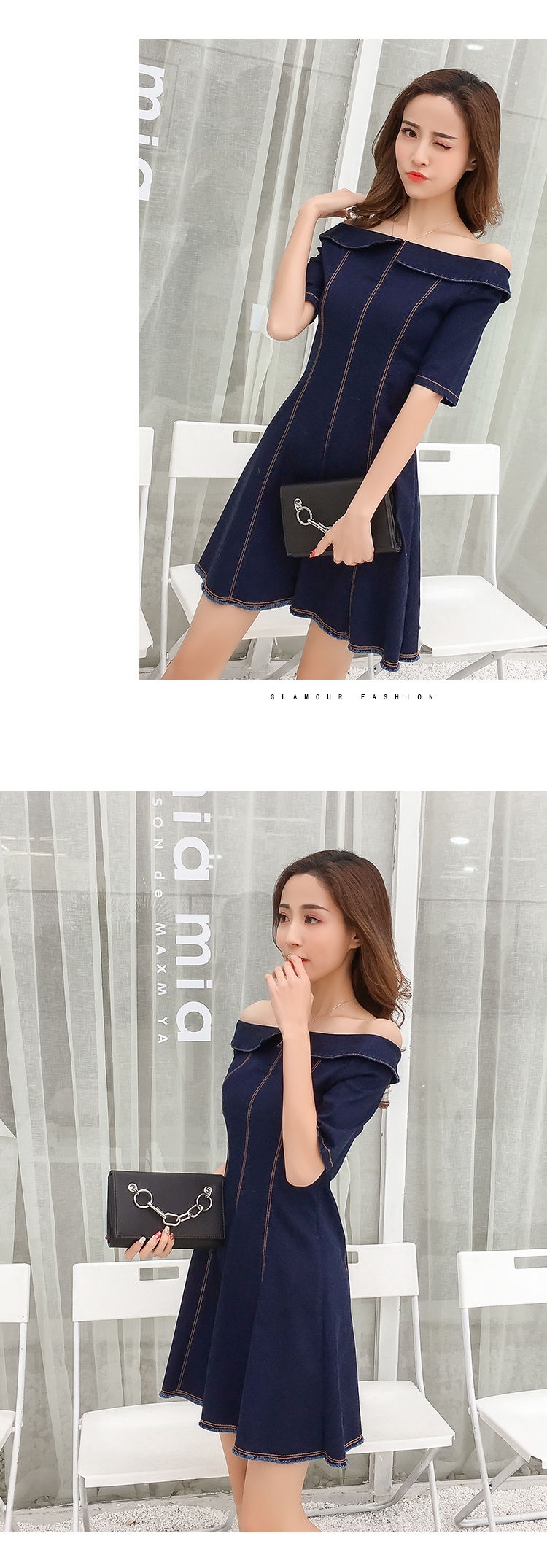 Dress4501 เดรสยีนส์เปิดไหล่แขนสามส่วน ซิปหน้าใส่ง่าย แต่งชายรุ่ยดูมีดีเทล ผ้ายีนส์แท้ยีนส์ยืดเนื้อดี