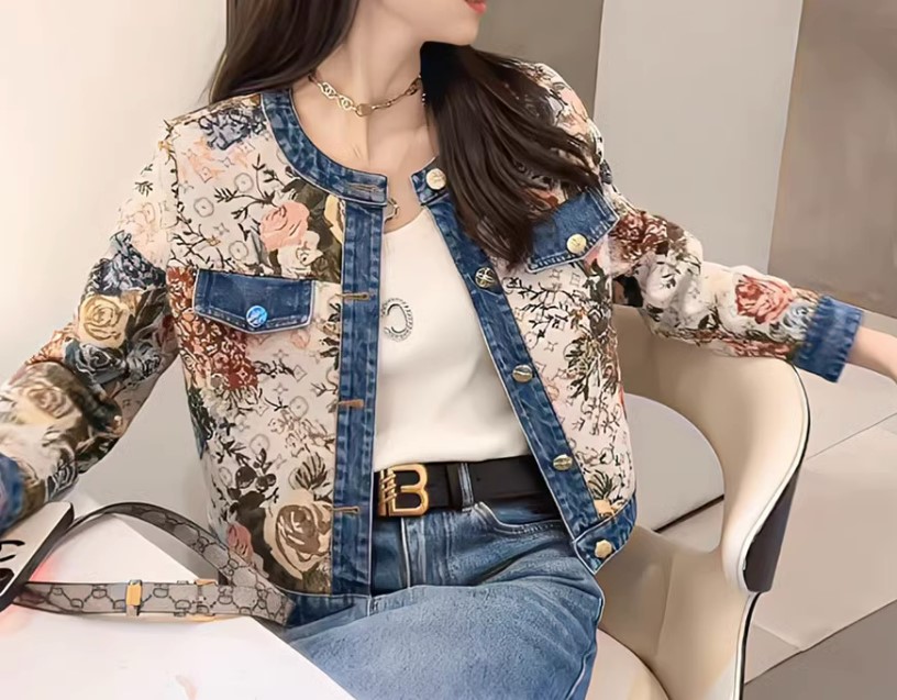 เสื้อยีนส์ Jacket ยีนส์ ผู้หญิง แบบมีลาย เสื้อแจ็คเก็ตยีนส์ ลาย ดอกกุหลาบ แบบสาวหวาน ปนเท่ เสื้อยีนส์ แขน 4 ส่วน 287550