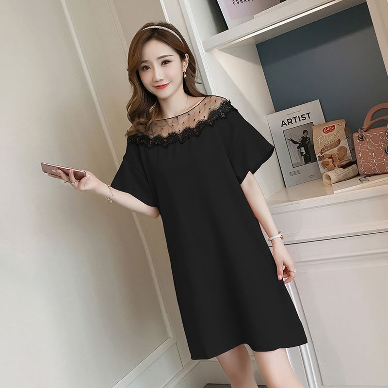 Dress4362 เดรสไซส์ใหญ่ทรงปล่อยอกลูกไม้ ผ้าโพลีเนื้อดีมีน้ำหนักทิ้งตัว งานดีทรงดี เนื้อผ้าใส่สบาย ทรงนี้ใส่ได้เรื่อยๆ มี 2 สี ดำ, ชมพู