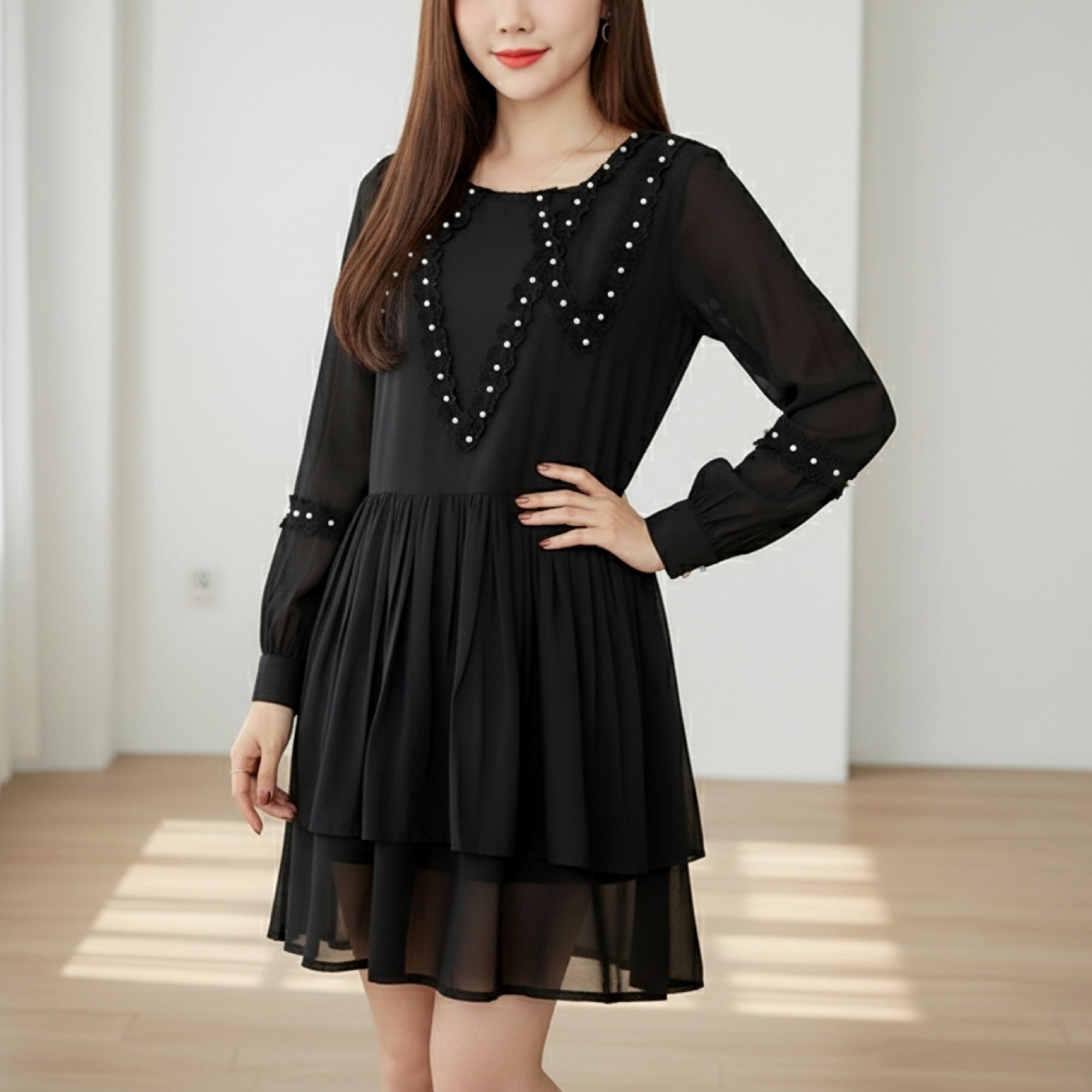 Dress4174 เดรสแขนยาวสีดำชายระบาย อกแต่งด้วยมุกและลูกไม้ มีซับในอย่างดี ผ้าชีฟองเนื้อดีมีน้ำหนักทิ้งตัวสวย ผ้าสวยเหมือนราคาหลักพัน งานดีทรงดีดูสวยแพง
