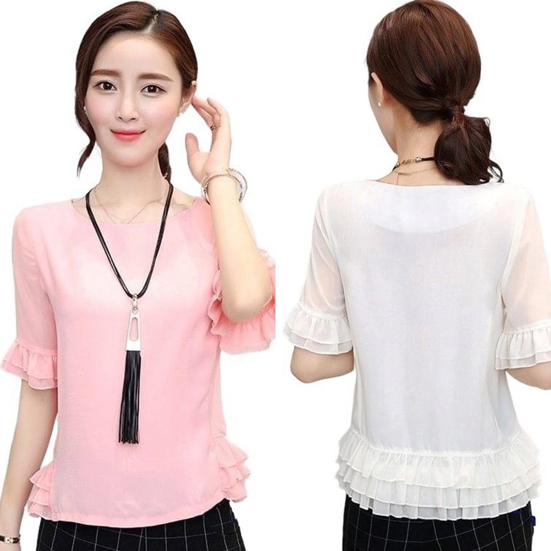 Blouse3711 เสื้อแขนระบายผ้าชีฟองเกรดพรีเมียมเนื้อหนาสวยมีน้ำหนักทิ้งตัวมีซับในอย่างดี งานสวยแมทช์กับกระโปรงหรือกางเกงได้หลายสไตล์ ใส่ทำงานได้ มี 2 สี ขาวครีม, ชมพู