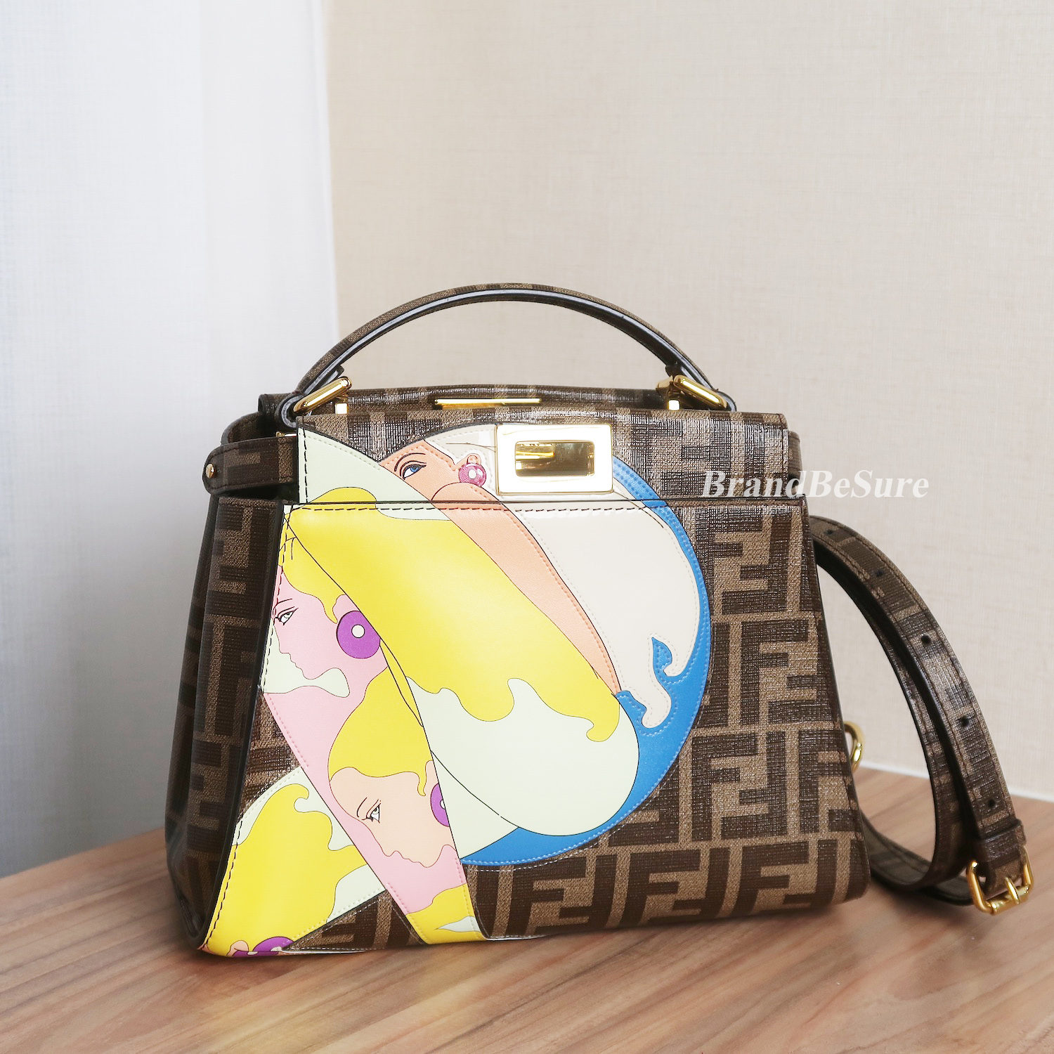 Fendi Glazed Fabric Vitello FF 1974 Hairo Girls Inlay Mini Peekaboo Satchel GHW