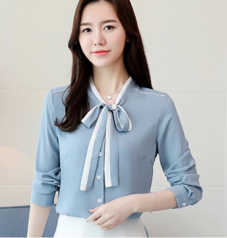 เสื้อเชิ้ตผู้หญิง เสื้อเชิ้ตแขนยาว ผ้าซีฟอง แขนพอง ตกแต่งด้วย โบว์ แบบหวาน ๆ สีฟ้า สีขาวครีม s235198