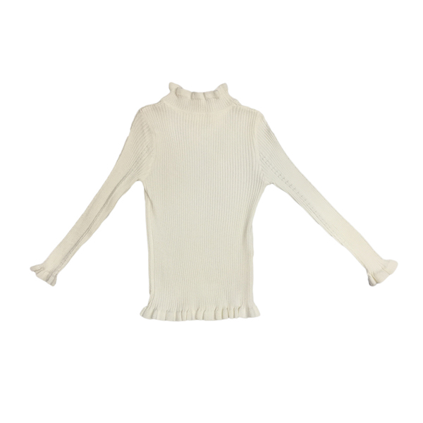 สีขาว : เสื้อไหมพรมคอเต่า ผ้านุ่ม แต่งช่วงปลายคอ แขน ชายเสื้อ ผ้าร่องมี texture ในตัว งานดี ยืดได้เยอะ