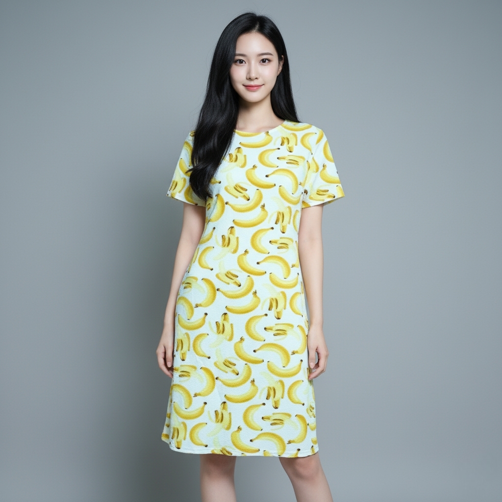 Dress3354 ชุดเดรสยาวทรงสวยลายกล้วย ผ้าวูลเวฟ(ผ้าหนังไก่)เนื้อดีนุ่มยืดขยายได้เยอะ งานน่ารักผ้านุ่มใส่สบาย มี 3 สี ขาว, เขียวพาสเทล, ชมพูพาสเทล
