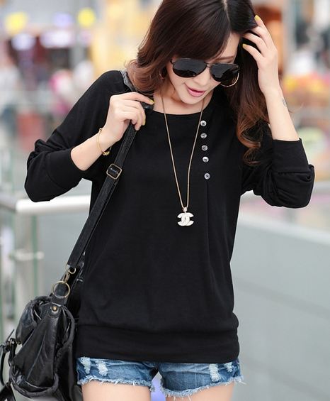 เสื้อยืด แฟชั่น คอกว้าง แบบ มีดีไซน์ เสื้อคอกว้าง ใส่เที่ยว ใส่ทำงานวันหยุด เสื้อแขนยาว เอวจั้ม แขนจั้ม ตัวใหญ่ ใส่สบาย สีดำ 723736