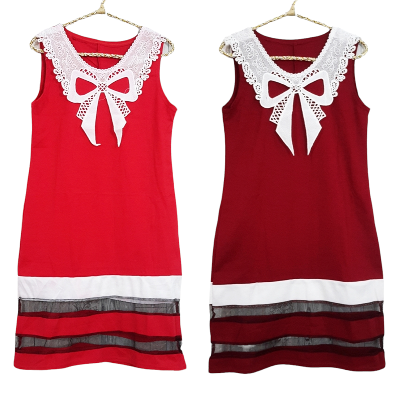 Dress3165 ชุดเดรสแฟชั่นน่ารักผ้าแมงโก้เนื้อดี คอลูกไม้ถักรูปโบว์สีขาวครีม ตัดต่อชายด้วยผ้าโปร่งสีดำ พร้อมส่ง 2 สี แดง, เลือดหมู