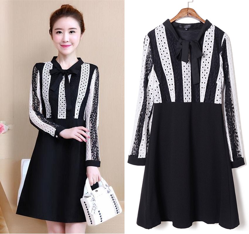 Dress4426 เดรสลูกไม้แขนยาวสลับสีครีมดำตัดต่อกระโปรงสีพื้นดำผูกโบว์คอ มีซับใน งานดีทรงดีดูสวยแพง ทรงนี้ใส่ทำงานได้