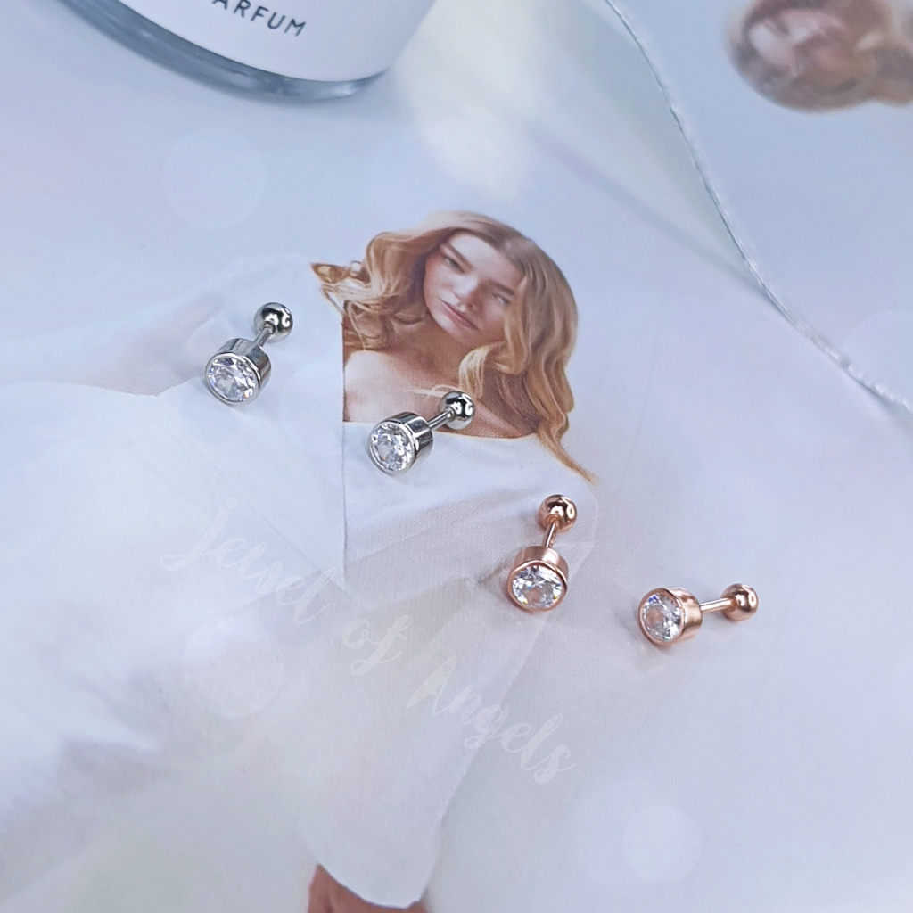 ต่างหูเงินแท้ S925 รุ่น Moon ต่างหูก้านเสียบ จิวกลม เพชรCZ แป้นหลังบอลกลม สีเงิน สีพิงค์โกลด์ ตุ้มหูมินิมอล