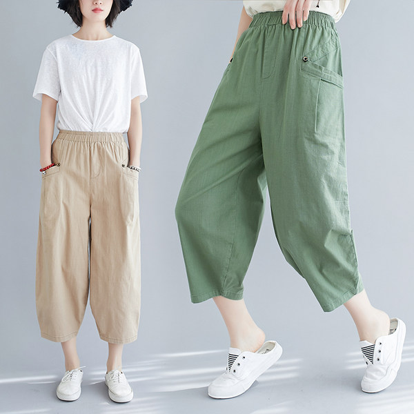 กางเกงผ้าลินิน กางเกงขายาว กางเกงผ้าลินินญี่ปุ่น กางเกงผ้าลินิน เอว ยางยืด By LZcotton and linen