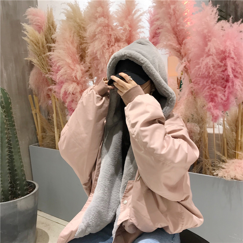 งานจริงน่ารักมาก!! เสื้อกันหนาวบุขนช่วงตัวและฮู้ดนุ่มสุดๆ ทรงโคล่ง Over Size ช่วงแขนบุซับในกันลม งานดีพร้อมส่งจ้า สีชมพูนู๊ด