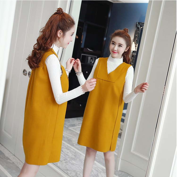 Set_bs1732 ชุด 2 ชิ้น(เสื้อ+เดรส) เดรสคอวีทรงปล่อยสีเหลืองผ้าคอตตอนกำมะหยี่เนื้อดีนุ่มใส่สบาย+เสื้อแขนยาวคอเต่าผ้าร่องไหมพรมเนื้อนุ่มยืดหยุ่นสูง งานดีดีเทลเก๋ๆ ใส่เที่ยว/ใส่ทำงานได้