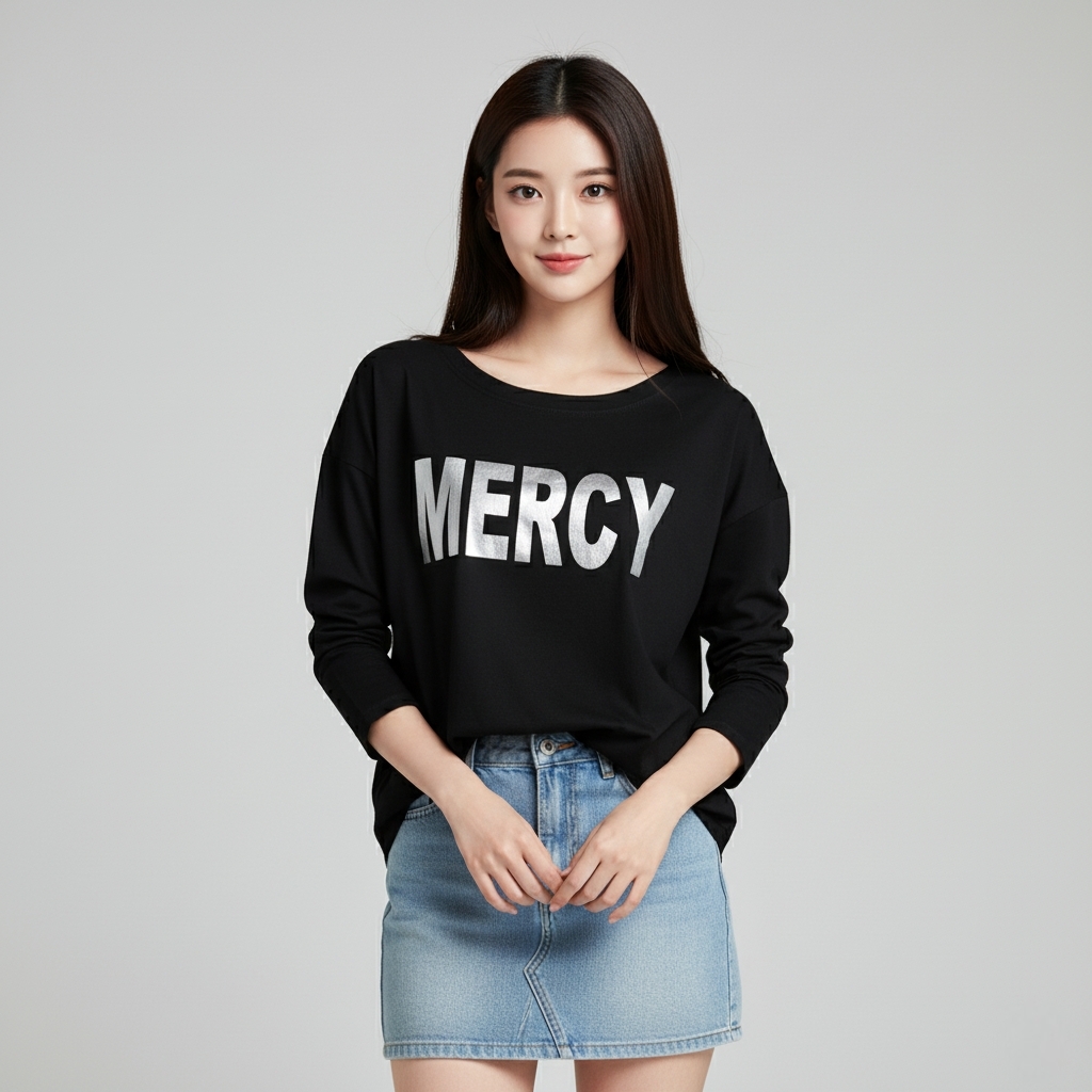 ⚡Blouse3724 เสื้อแฟชั่นไซส์ใหญ่ทรงโอเวอร์ไซส์แขนยาวสีดำ ดีไซน์เรียบเท่ อกสกรีนตัวอักษรสีเงินเมทัลลิค ดูมีสไตล์และพรีเมียมในทุกโอกาส
