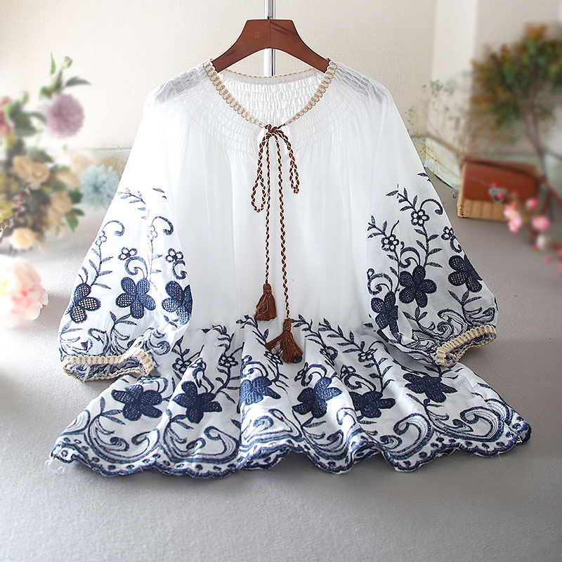 เสื้อลินิน เสื้อผ้าฝ้ายลินิน เสื้อเชิ้ตผ้าลินิน ปักลายสวยๆด้วยด้าย สไตล์VINTAGE