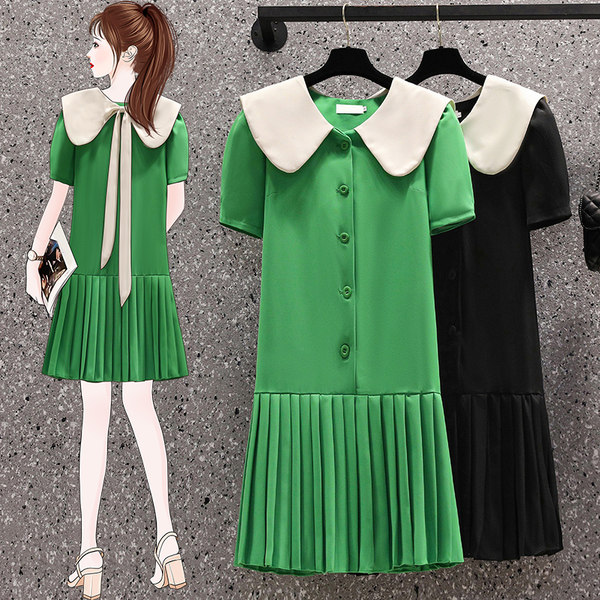 เดรสคนอ้วน เดรสสาวอวบ ชุดเดรสคนอ้วนวัยรุ่น คอกะลาสี สีเขียว ดำ BY PLUS SIZE Girl