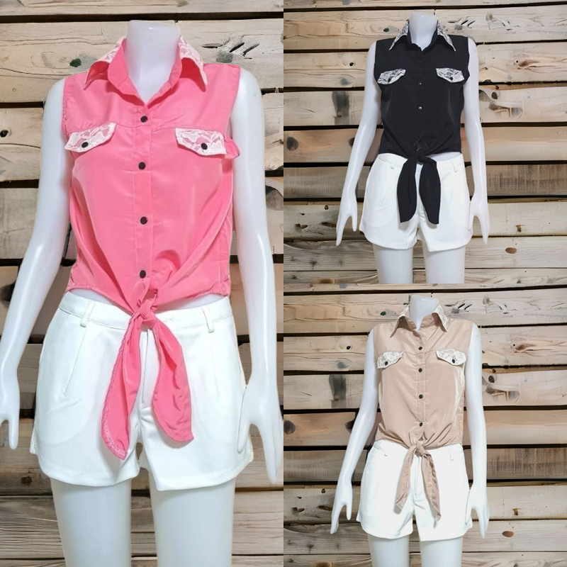 Blouse1691 เสื้อเชิ้ตแฟชั่นคอปกแต่งลูกไม้ ผูกเอว ผ้าหางกระรอกเนื้อดีนุ่มใส่สบายไม่ยับง่าย งานน่ารักแมทช์กับอะไรก็เข้า มี 3 สี ครีม, ดำ, ชมพู