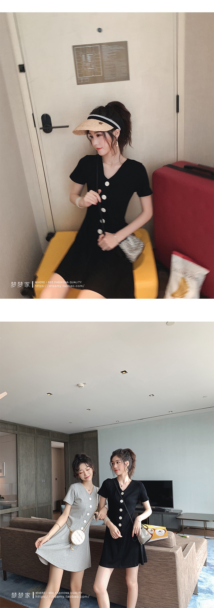Dress4657 มินิเดรสคอวีกระดุมหน้า ผ้าคอตตอนเนื้อดีนุ่มใส่สบายยืดหยุ่นสูง งานน่ารักสไตล์มินิมอล ใส่เก๋ๆ ได้บ่อย มี 2 สี เทา, ดำ