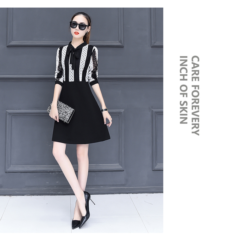 Dress4426 เดรสลูกไม้แขนยาวสลับสีครีมดำตัดต่อกระโปรงสีพื้นดำผูกโบว์คอ มีซับใน งานดีทรงดีดูสวยแพง ทรงนี้ใส่ทำงานได้