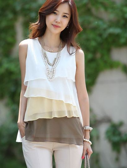 เสื้อใส่ทำงานผู้หญิง เสื้อใส่เที่ยว ผ้าชีฟอง ทำเป็น ระบายชั้น ๆ เสื้อแขนกุด ใส่ในวันสบาย ๆ สีน้ำตาล โกโก้ ครีม no 725163_2