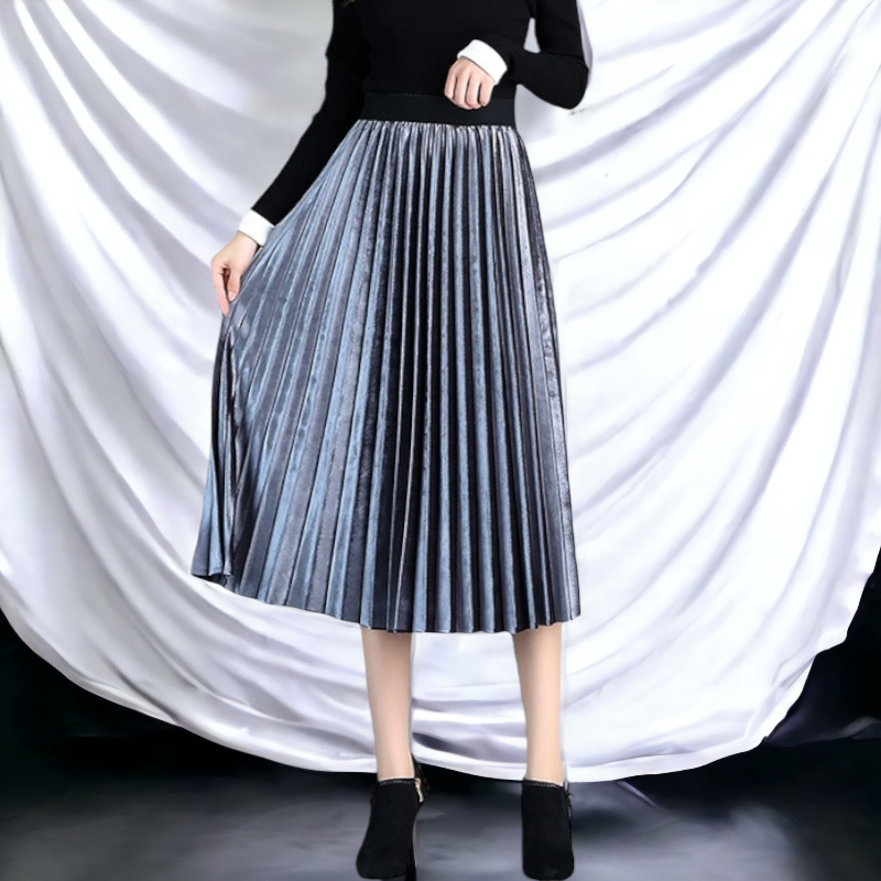 Skirt384 กระโปรงยาวผ้ากำมะหยี่สีบรอนซ์เทา เอวยางยืด ผ้าเนื้อดีหนามีน้ำหนักทิ้งตัว งานดีทรงสวย แมทช์กับเสื้อทรงไหนก็เข้า ใส่เที่ยว/ใส่ทำงานได้