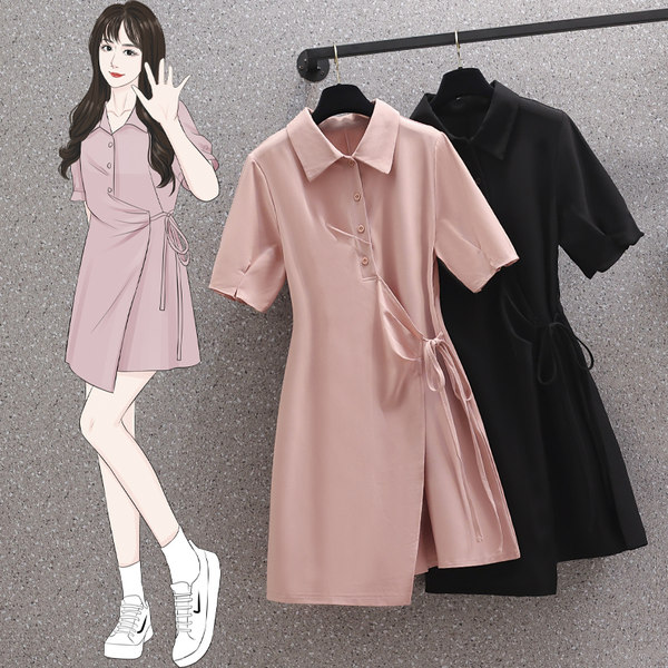 เดรสคนอ้วน เดรสสาวอวบ ชุดเดรสคนอ้วนวัยรุ่น เดรสคอปก สีชมพู ดำ BY PLUS SIZE Girl
