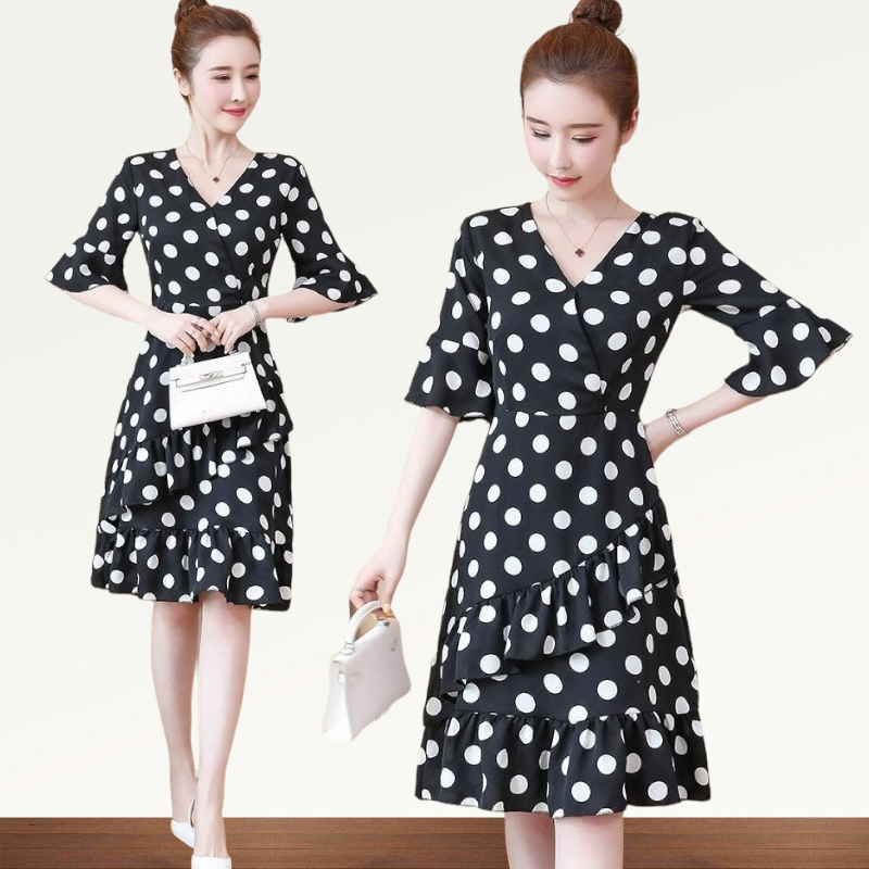 Dress4618 เดรสลายวงกลมชายระบาย ผ้าไมโครเนื้อดีมีน้ำหนักทิ้งตัว ทรงคอวีป้ายใส่แล้วดูผอมเพรียว งานดีทรงดีเรียบหรู